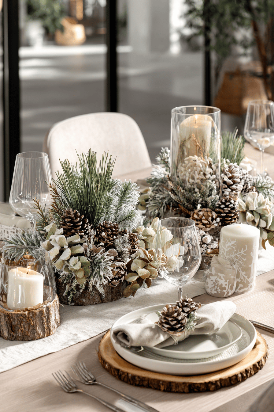 Elegante Tischdekoration mit Tannenzapfen, Zweigen und Kerzen für Weihnachten.