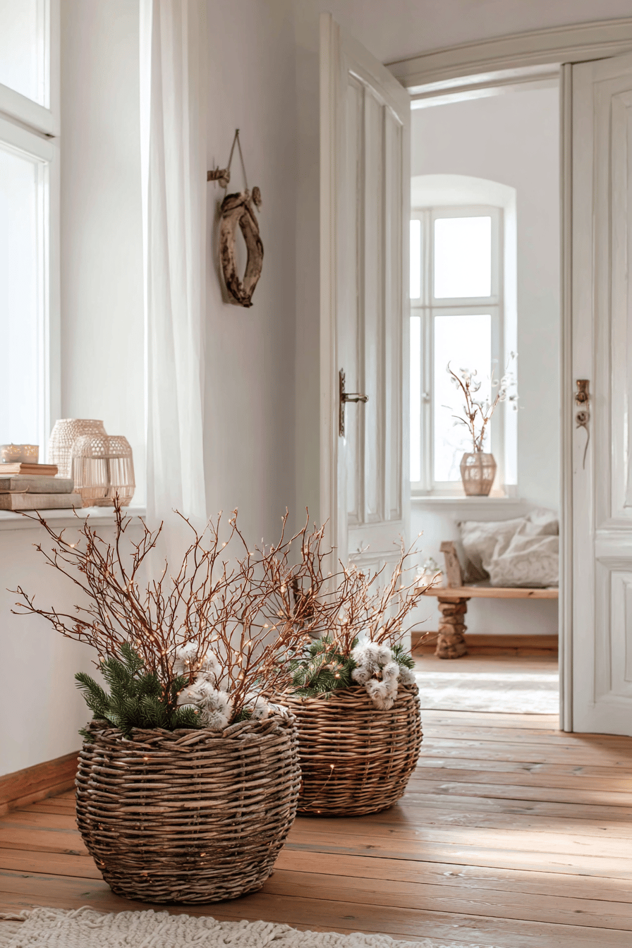 Weißer Flur mit Weidenkörben, gefüllt mit Tannenzweigen und winterlichen Deko-Elementen.