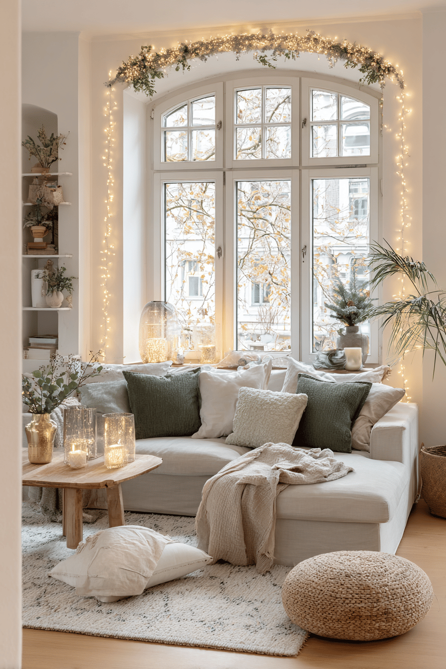 Ein gemütliches Wohnzimmer mit Weihnachtsschmuck, einschließlich Lichterketten am Fenster und dekorativen Kissen.