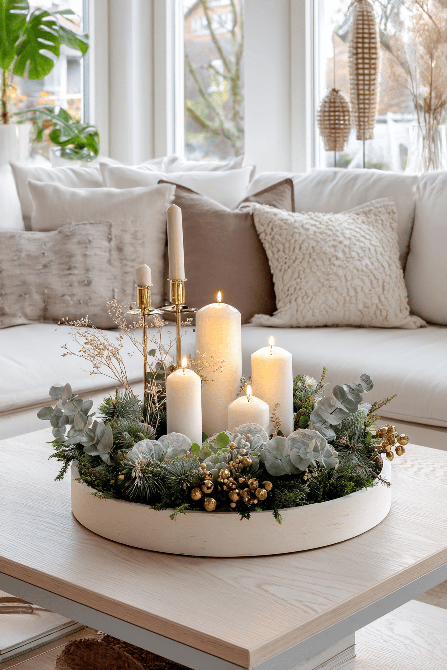 Geschmackvoll dekorierter Adventskranz mit weißen Kerzen auf einem modernen Couchtisch im Wohnzimmer.