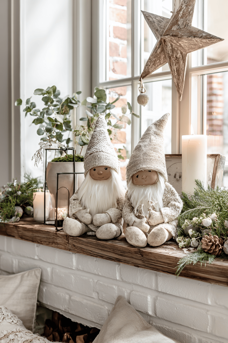 Zwei sitzende Stoffgnome und eine dekorative Sternfigur auf einer Fensterbank, umgeben von Kerzen und Grünpflanzen.