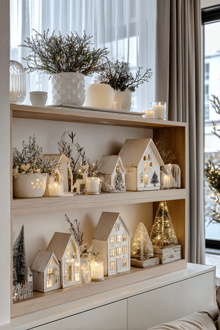 Dekorativ gestaltetes Regal mit beleuchteten Weihnachtsdörfern und Pflanzen.