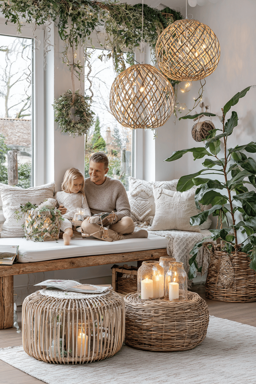 Ein gemütlich dekoriertes Wohnzimmer mit nachhaltigen Materialien, natürlichen Farbtönen und Pflanzen.