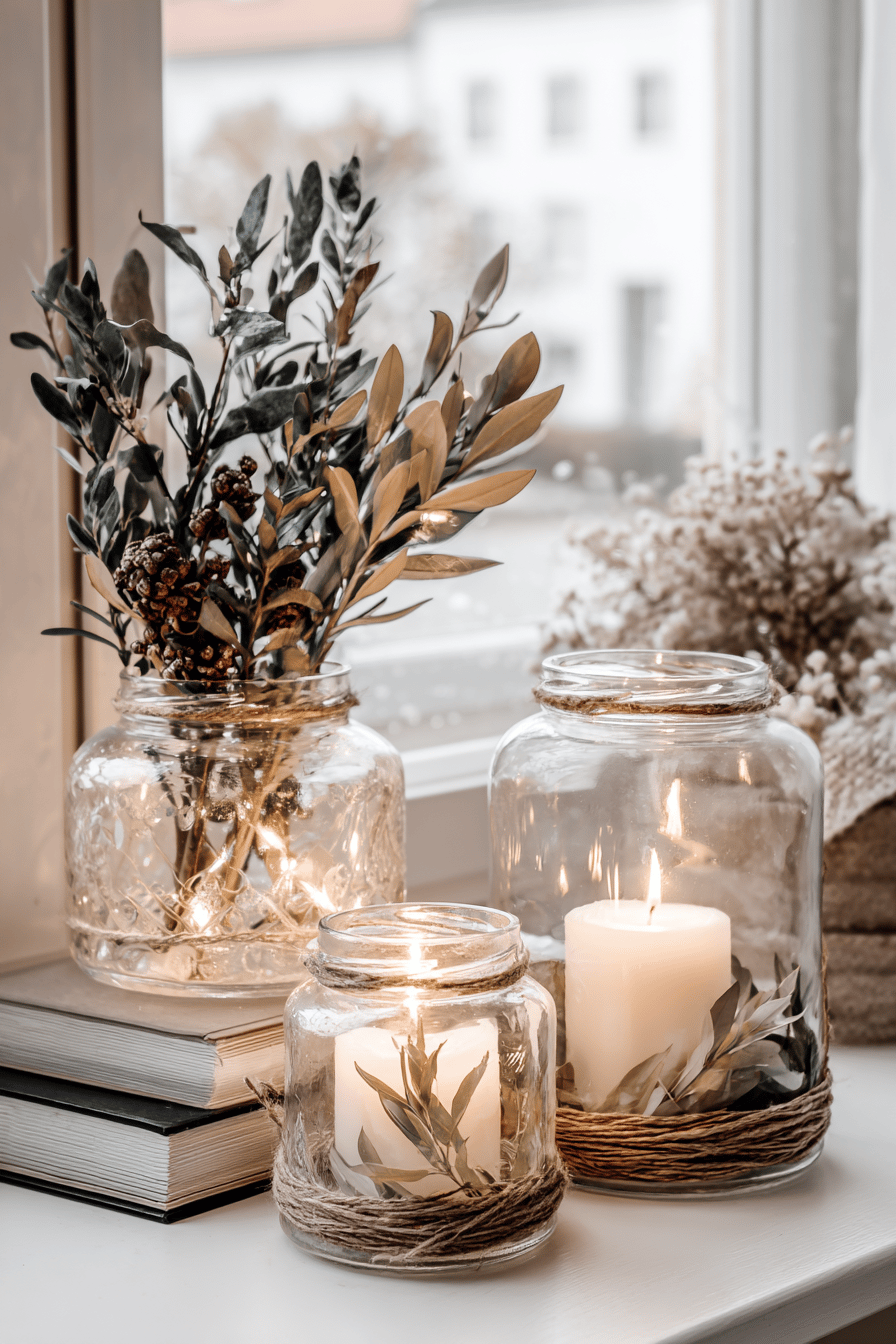 Verschiedene Altglasbehälter als festliche Kerzenhalter dekoriert.