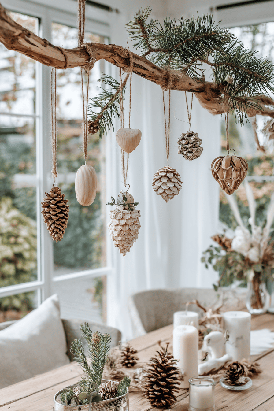 Ein dekorativer Ast mit hängenden, handgemachten Holzornamenten und Tannenzweigen über einem Tisch.