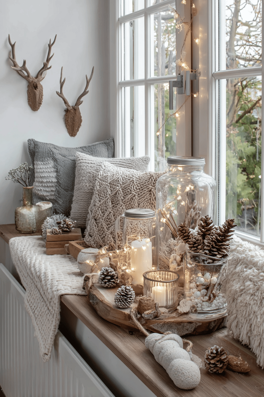 Weihnachtliche Dekoration auf einer hölzernen Fensterbank mit Lichterketten, Kerzen, Tannenzapfen und Naturmaterialien.