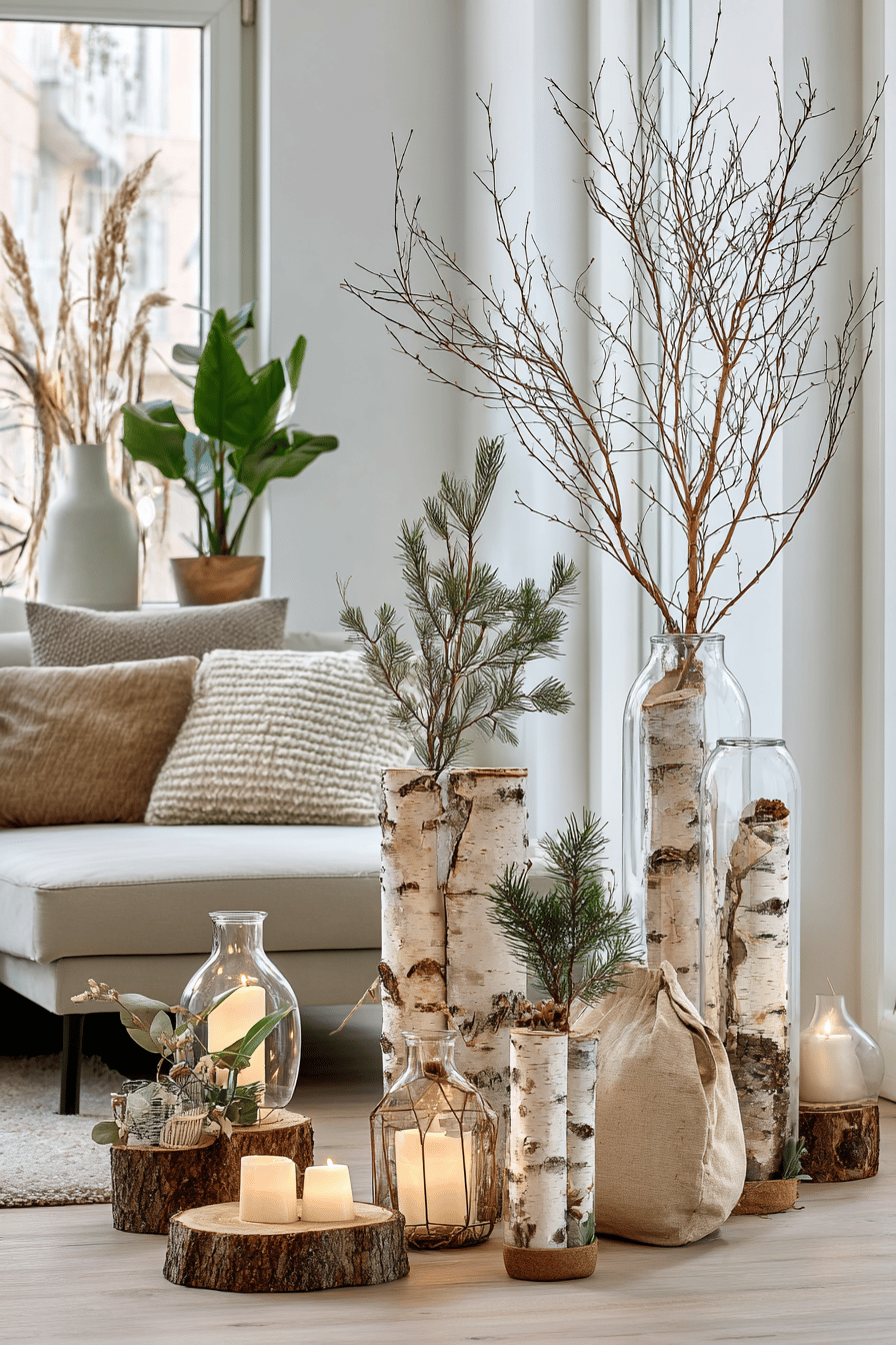 Natürliche Weihnachtsdekoration mit Birkenzweigen und Kerzen in einem modernen Wohnzimmer.