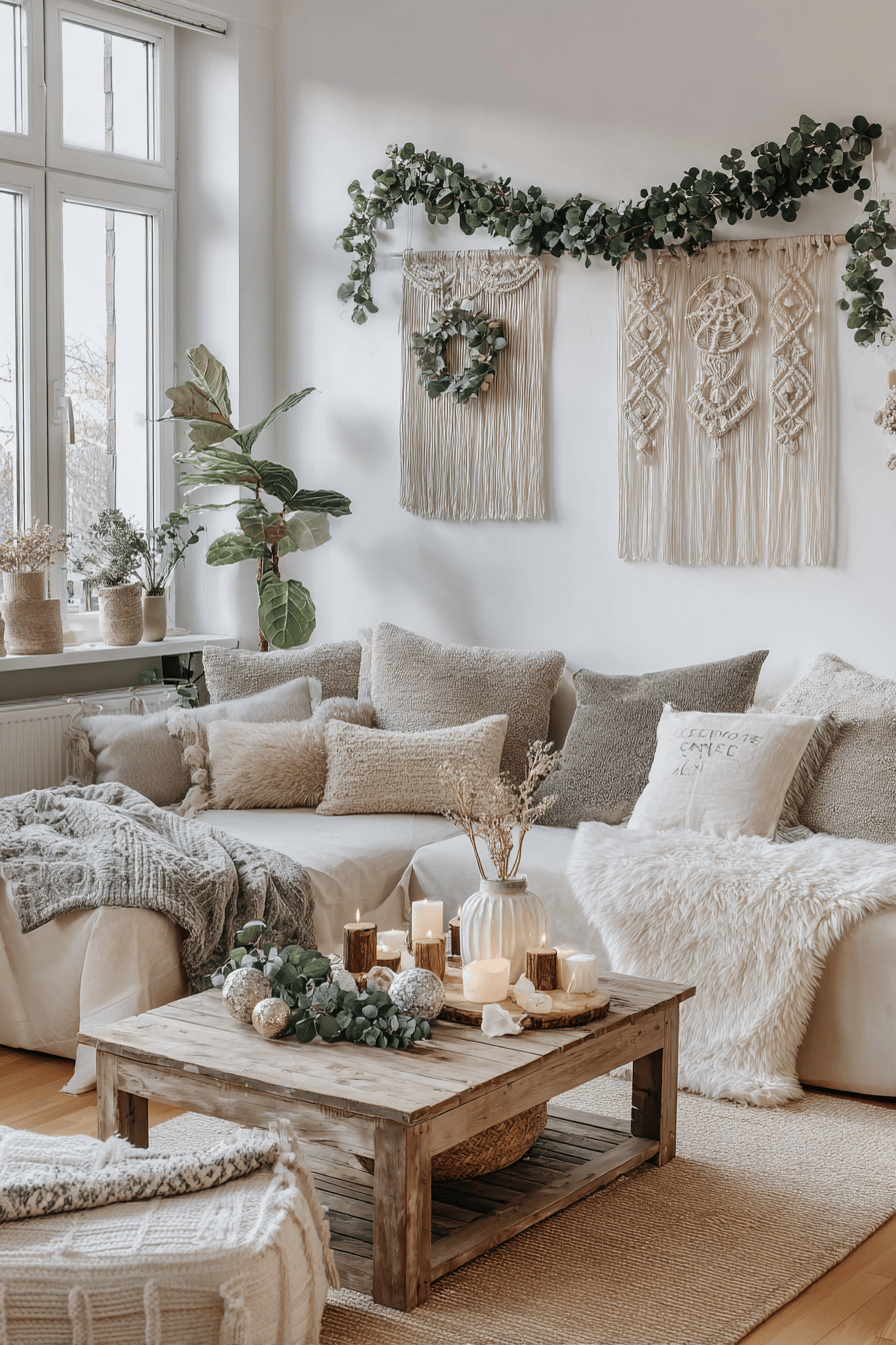 Gemütliches Wohnzimmer mit Boho-Weihnachtsdeko: Makramees, Kerzen und Pflanzen.