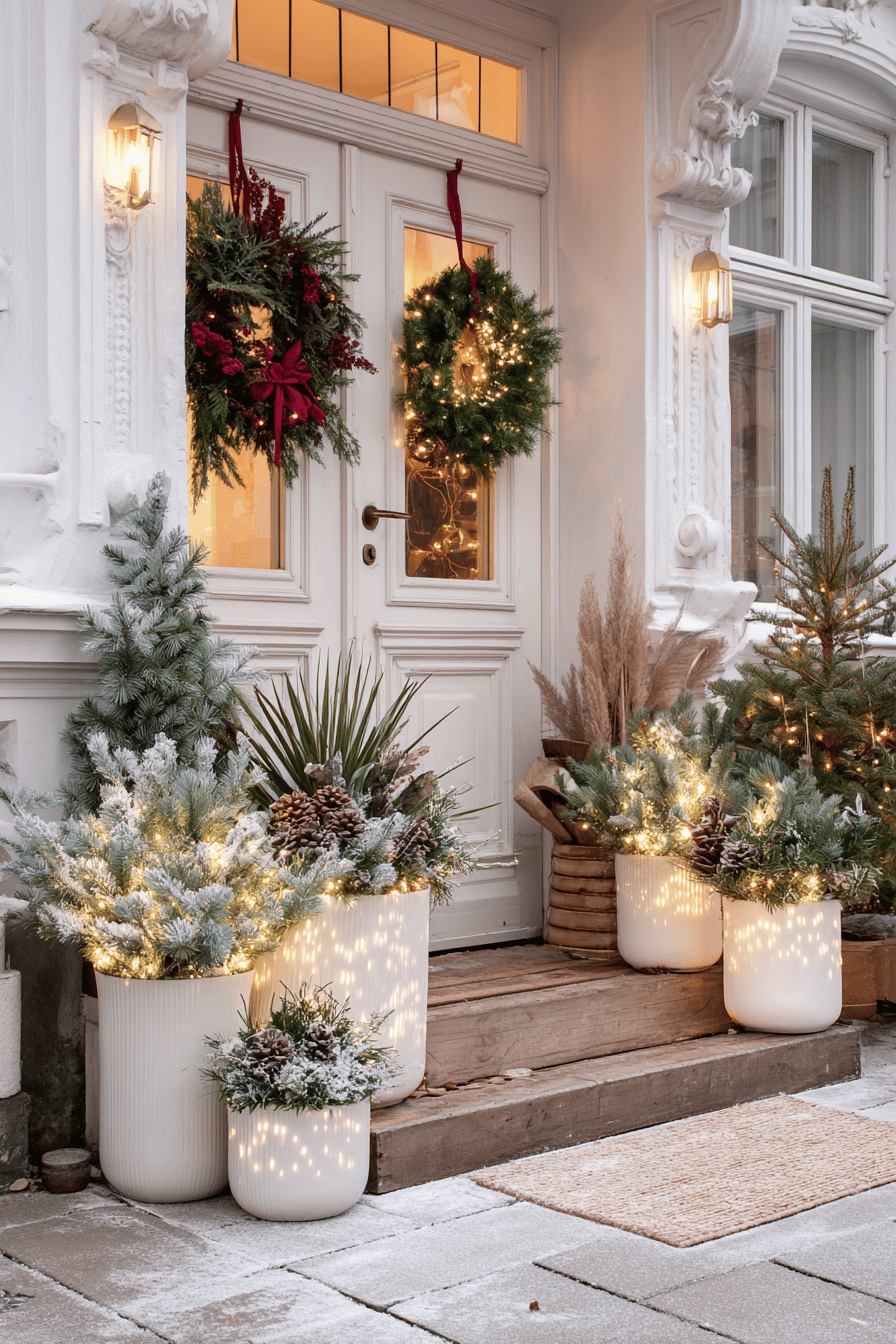 Mit Lichtern verzierte Pflanzentöpfe und weihnachtliche Kränze an einer Eingangstür.