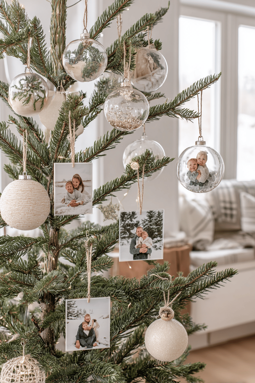 Ein Weihnachtsbaum mit Bilderrahmen und transparenten Kugeln, die Fotos enthalten.