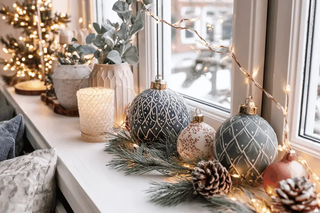Weihnachtliche Fensterdekoration mit Lichtern und Kugeln.