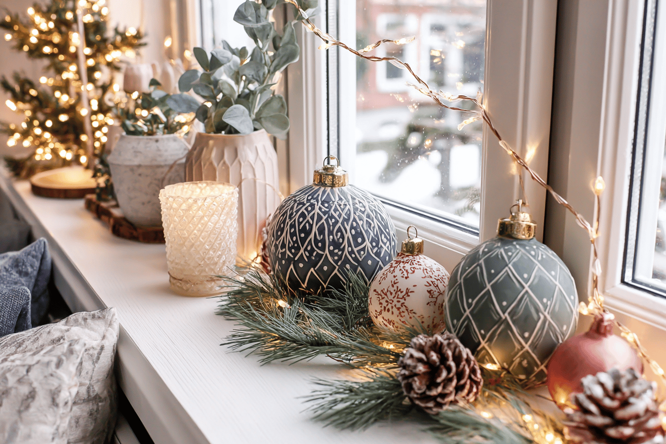 Weihnachtliche Fensterdekoration mit Lichtern und Kugeln.