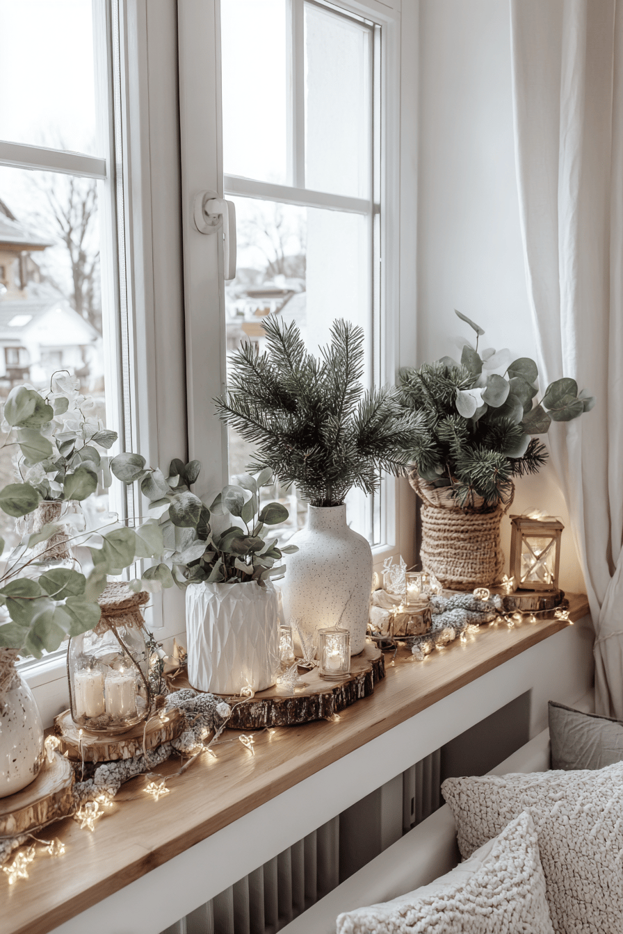 Verschiedene Vasen mit Tannengrün und Eukalyptus auf einer weihnachtlich geschmückten Fensterbank.