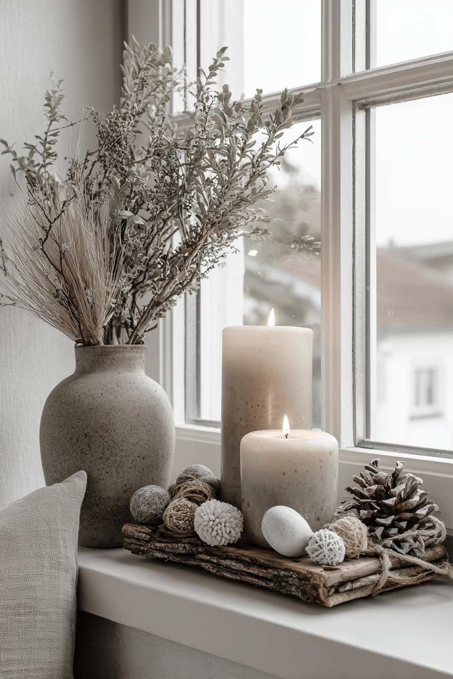 Minimalistische Weihnachtsdekoration mit Kerzen und Naturmaterialien auf einer Fensterbank.
