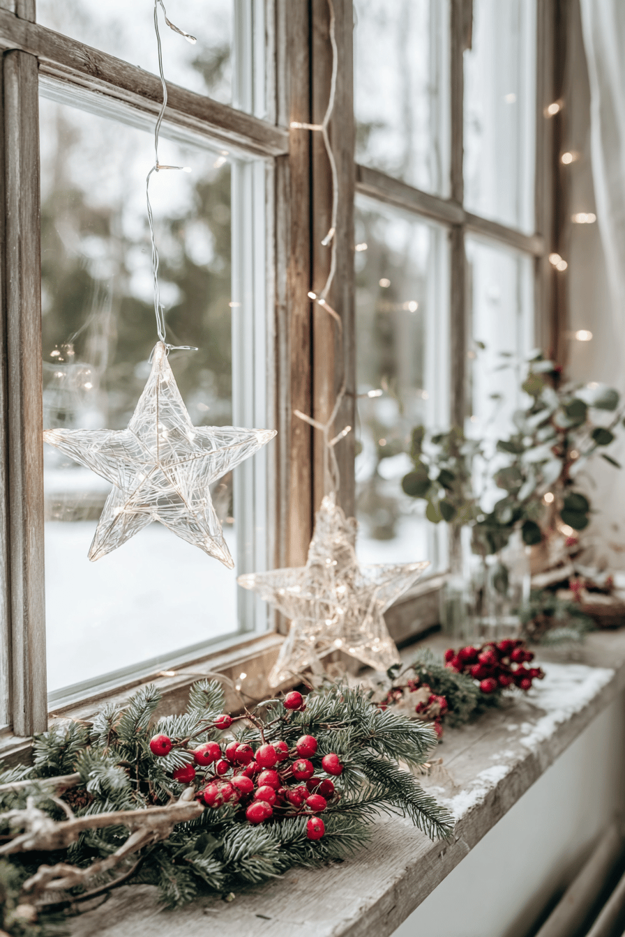Beleuchtete Sterne und natürliche Dekorationen auf einer winterlichen Fensterbank.