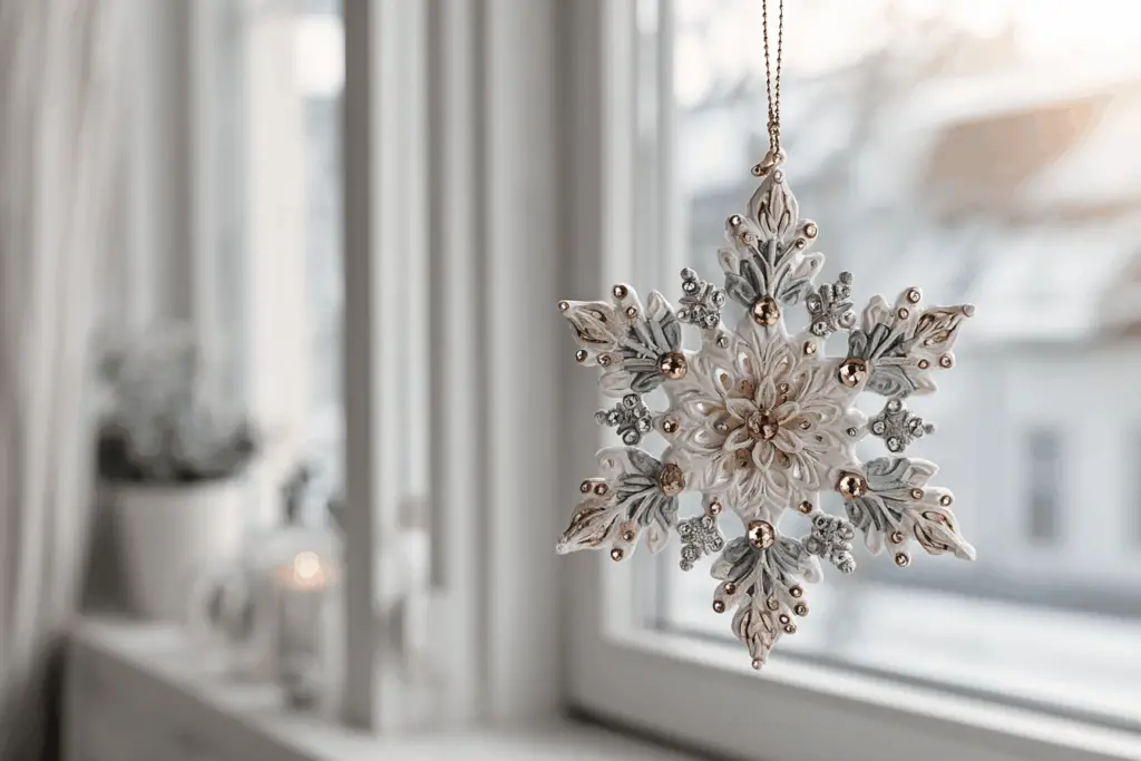 Schneeflocken-Ornament vor Fenster im Winter