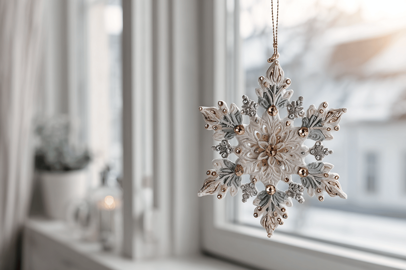 Schneeflocken-Ornament vor Fenster im Winter