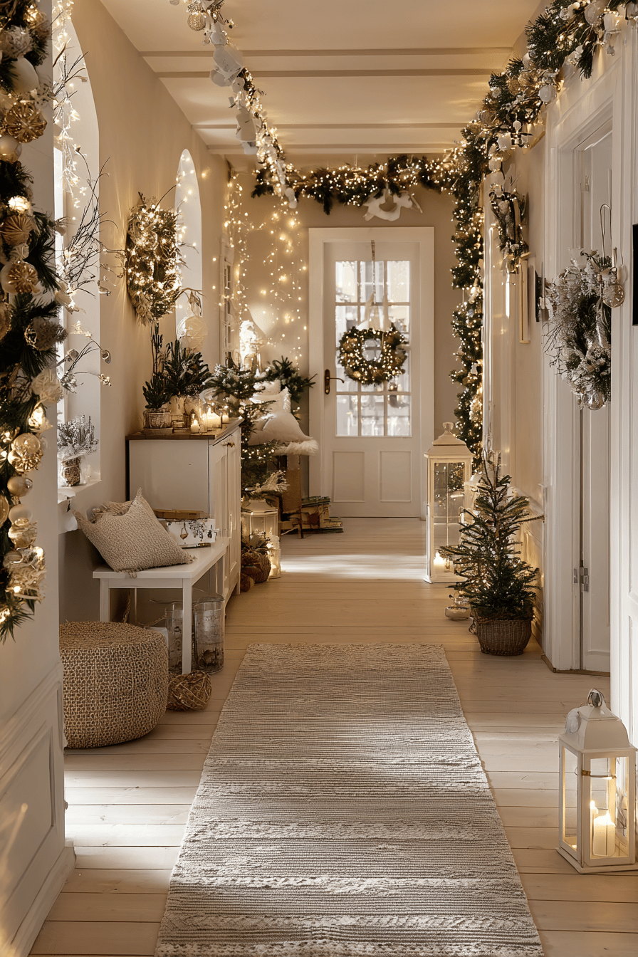 Ein festlich geschmückter Flur mit Weihnachtslichtern, Girlanden und Kerzen.