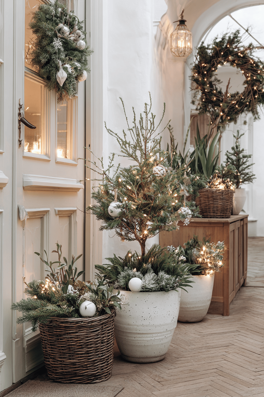 Flur mit Weihnachtsdekoration, Mini-Tannenbaum im Topf und Kränzen an der Tür.