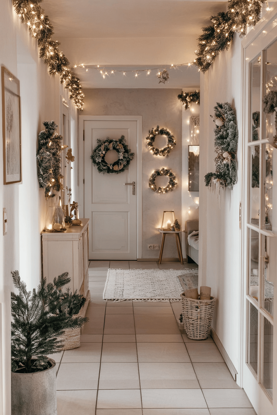 Ein festlich dekorierter Flur mit Lichterketten, Kränzen und Zweigen.