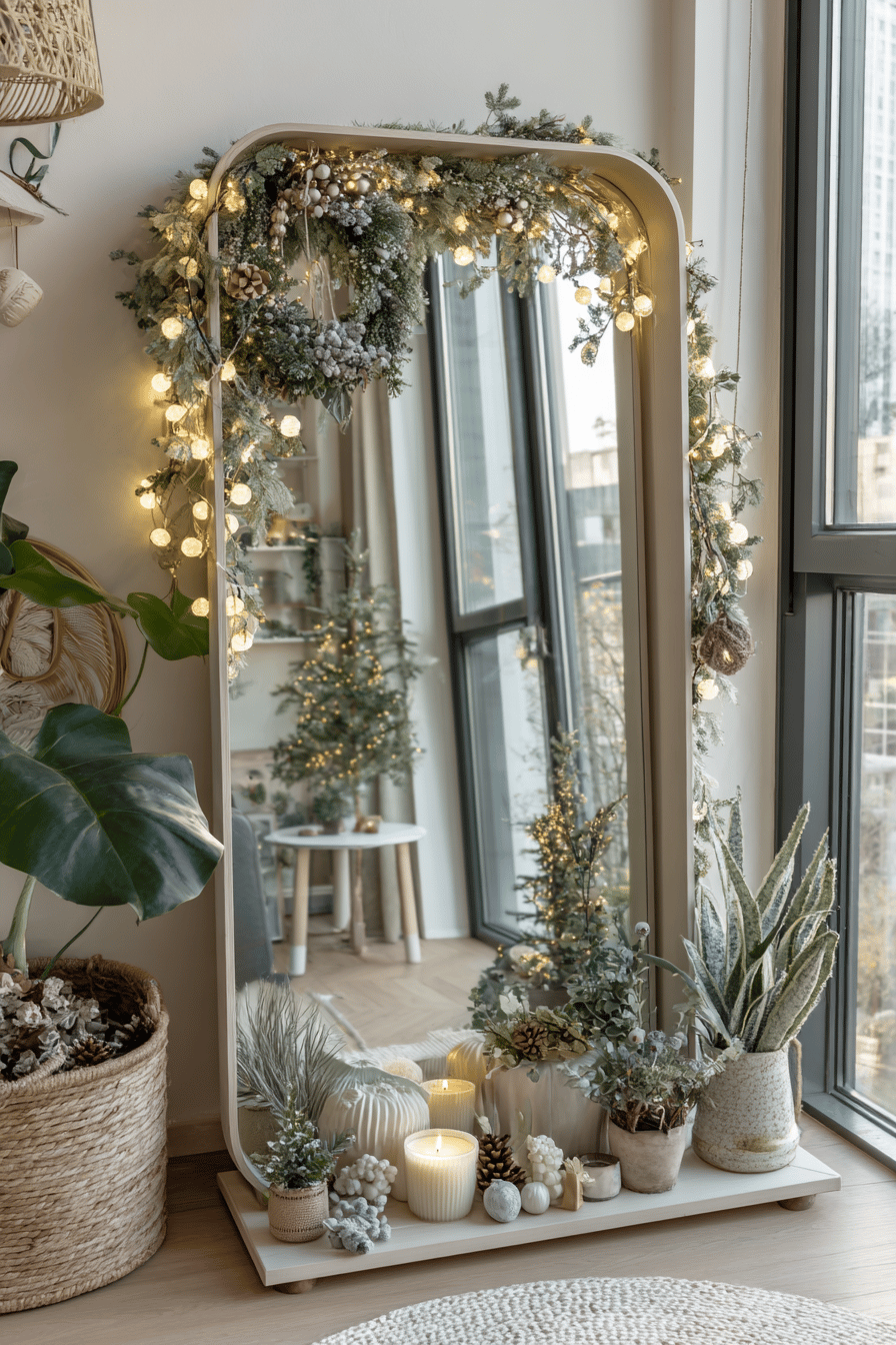 Ein festlich dekorierter Spiegel mit Lichterketten, Kerzen und Tannenzweigen im Flur.