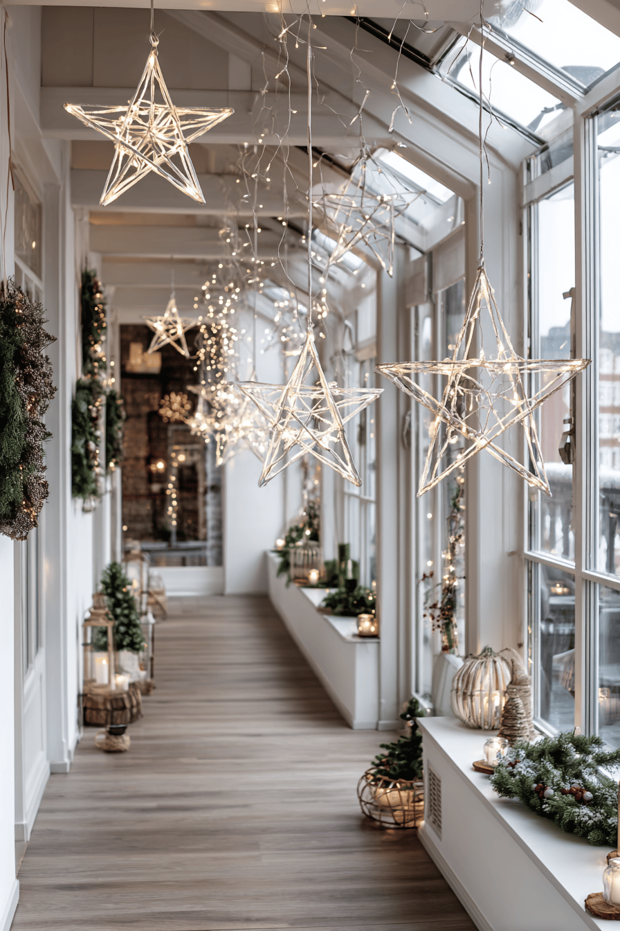 Ein heller Flur mit hängenden, leuchtenden Sternen und festlichen Dekoelementen.