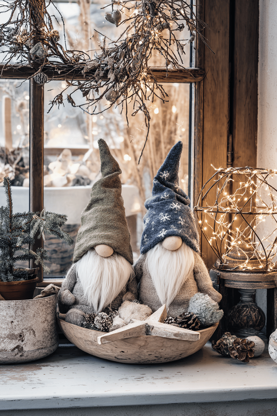 Zwei Weihnachtswichtel mit langen weißen Bärten und dekorativen Mützen sitzen in einer Schale, umgeben von Lichterketten.