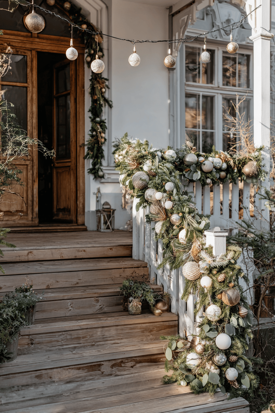 Weihnachtlich geschmückter Eingangsbereich mit Girlanden und Lichterketten.