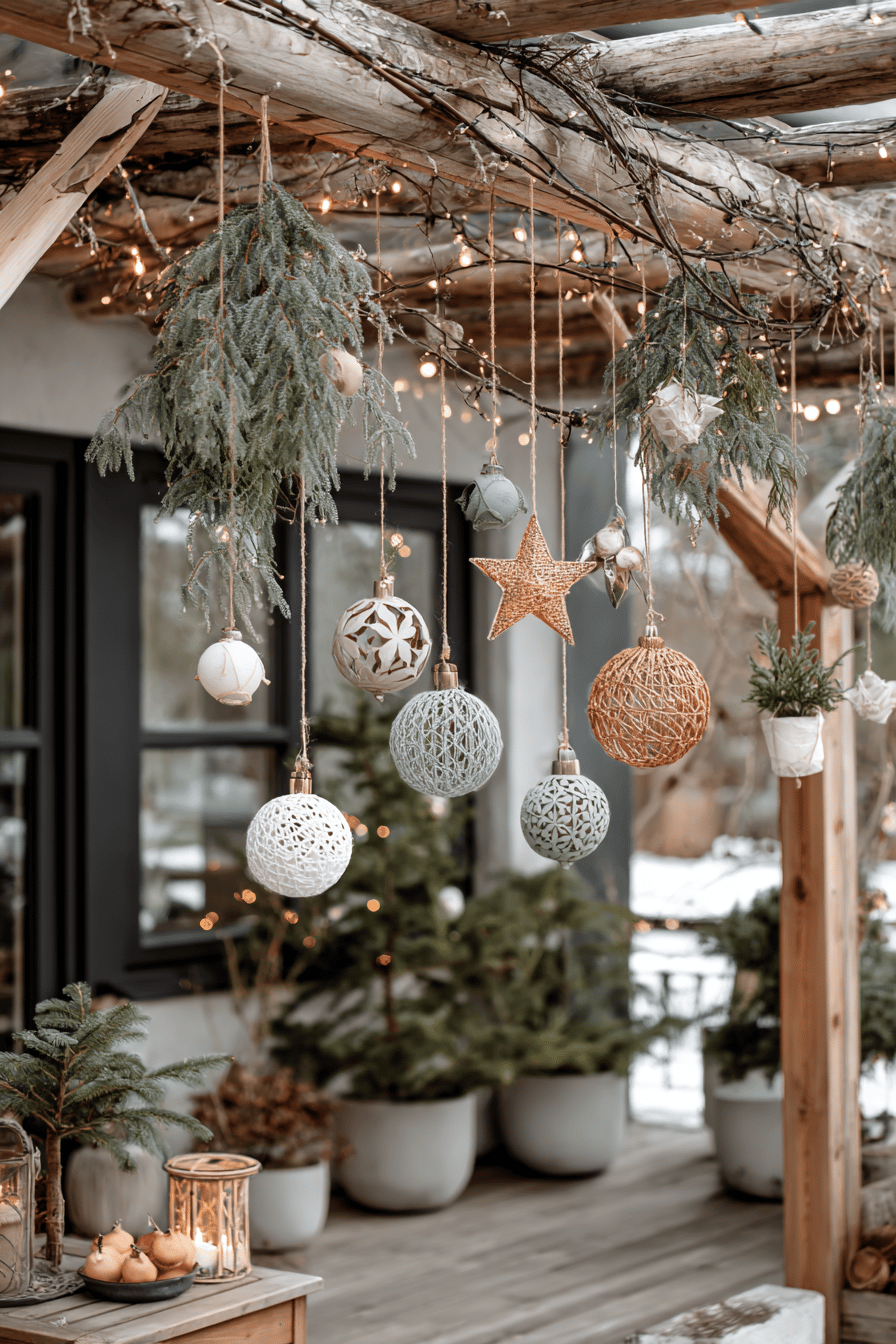 Verschiedene hängende Weihnachtsdekorationen an einer Pergola mit Lichtern und grünen Zweigen.