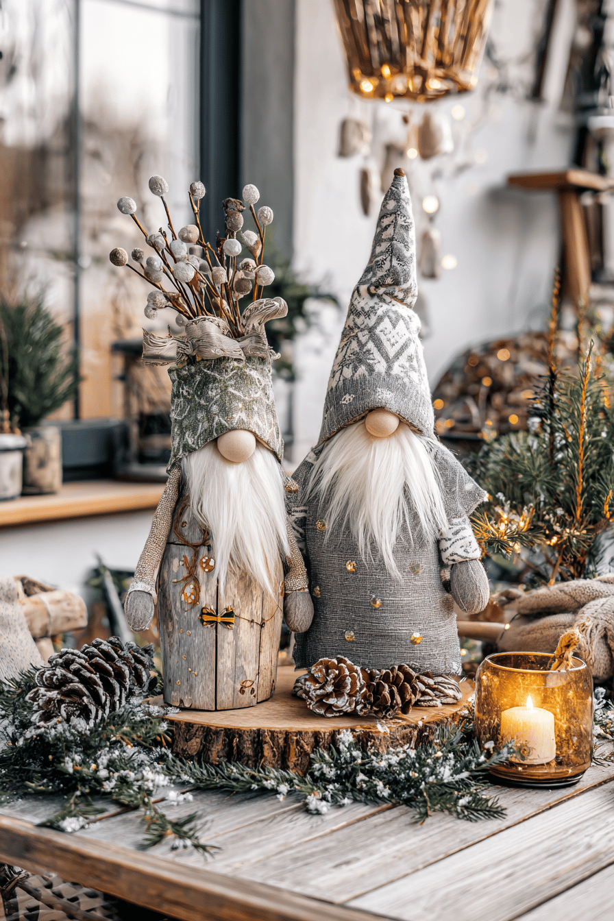 Zwei DIY-Weihnachtsfiguren aus Naturmaterialien, umgeben von Tannenzweigen und Tannenzapfen.
