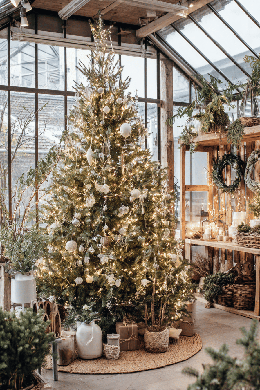Ein großer Weihnachtsbaum im Garten, festlich mit Lichtern und Dekorationen geschmückt.