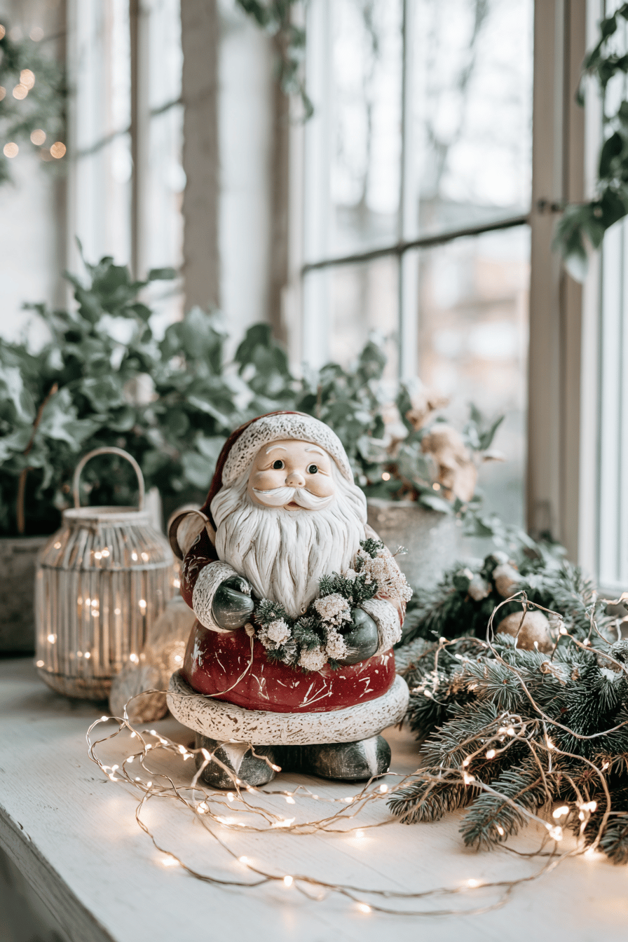 Weihnachtsmannfigur mit Lichterkette und Tannengrün auf einem Tisch.
