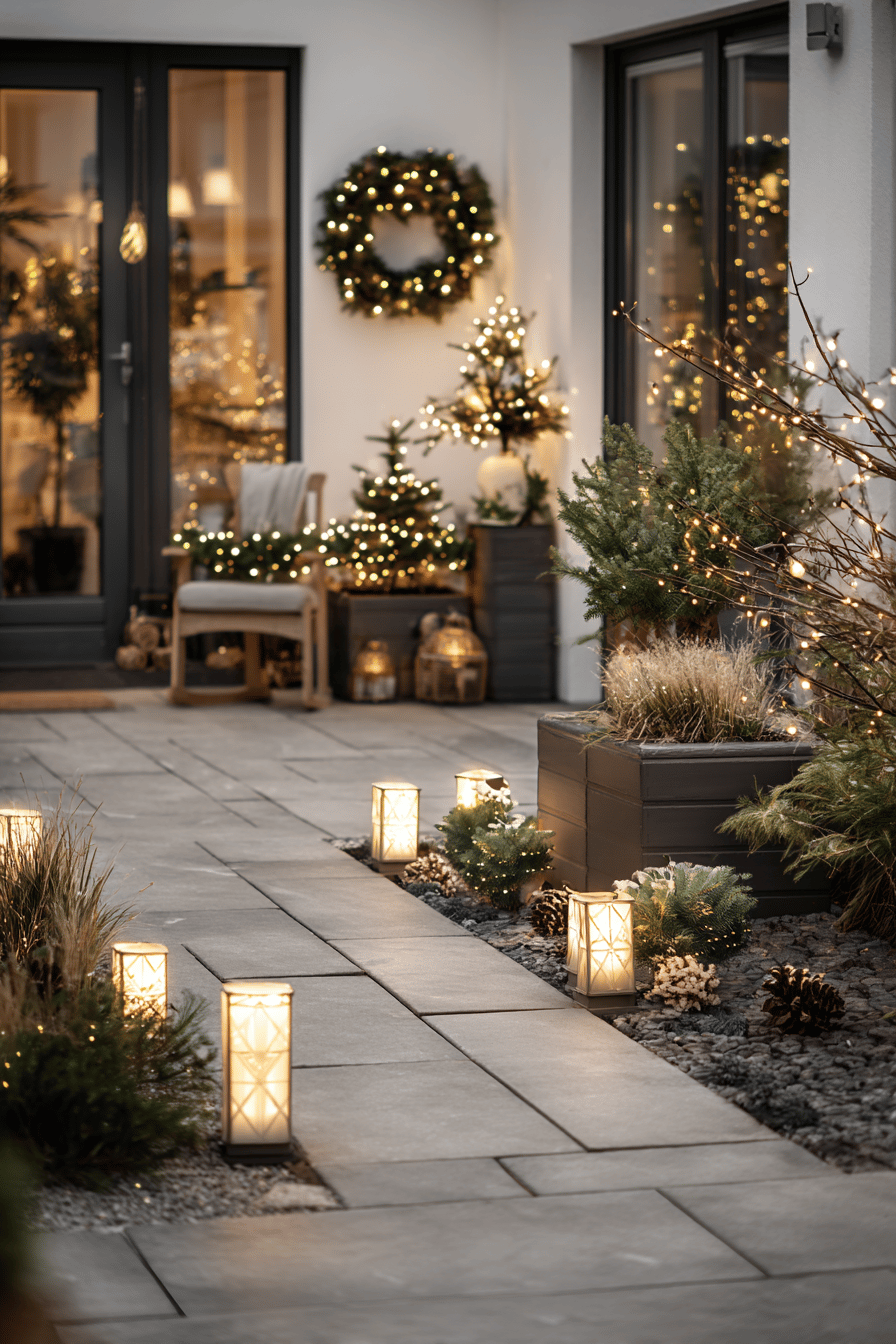 Mit Lichtern dekorierter Gartenweg mit weihnachtlichem Flair