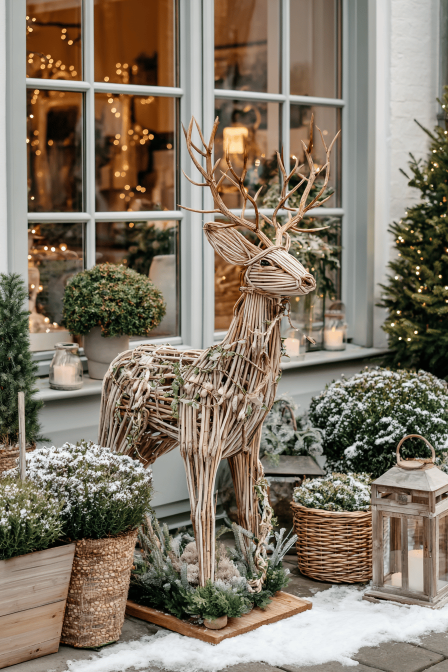 Ein kunstvoll gestaltetes Rentier aus Holzmaterialien, umgeben von weihnachtlicher Dekoration im Garten.