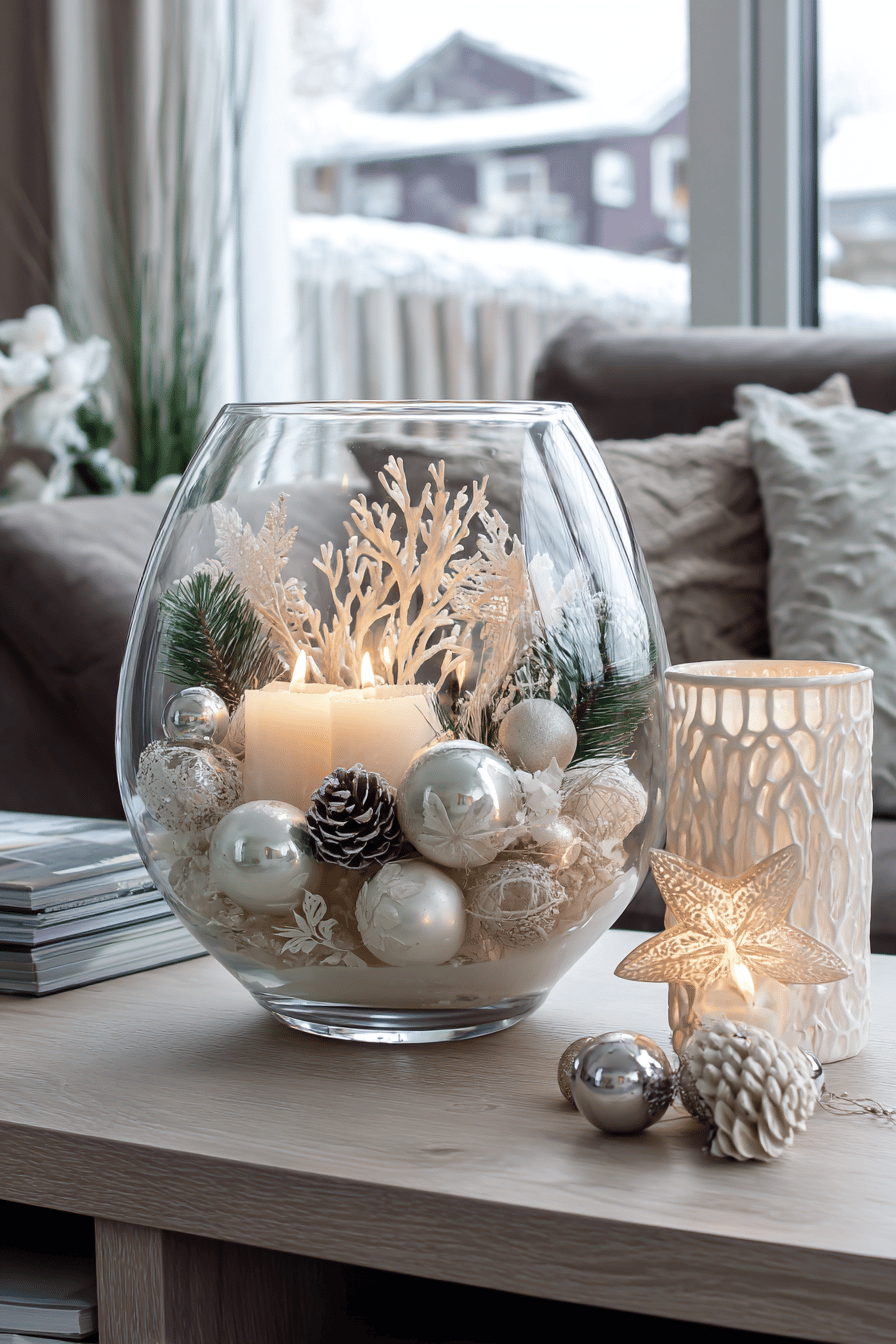 Ein Glasgefäß mit weißen Kerzen, Tannenzweigen und silbernen Kugeln als festliche Dekoration.