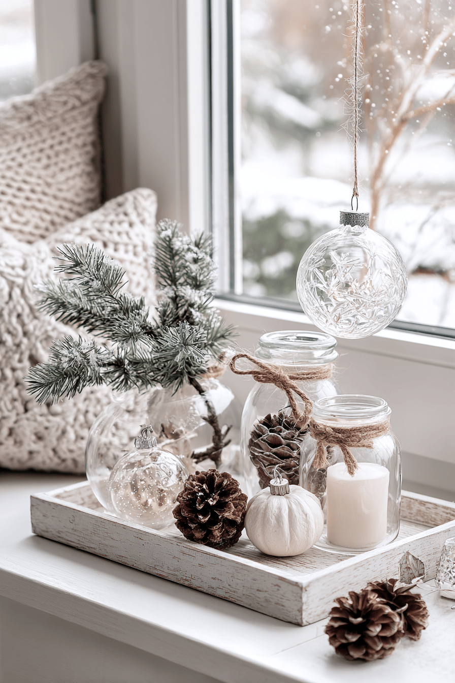 Ein Fensterbrett mit Glas-Ornamenten und Naturdekorationen.