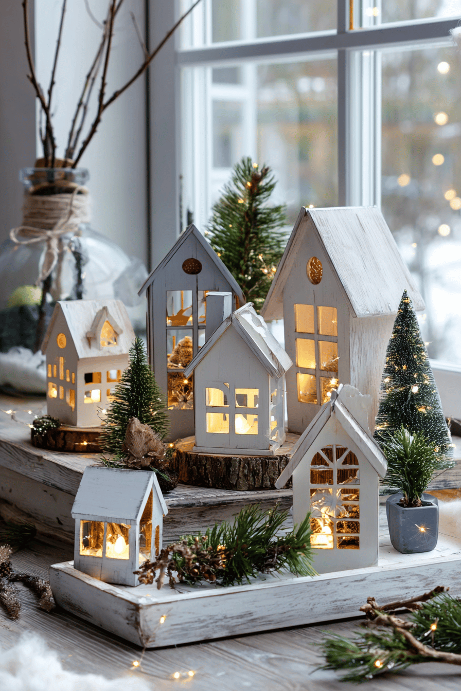 Holzhäuser mit LED-Beleuchtung und kleinen Tannenbäumen auf einem Fensterbrett.