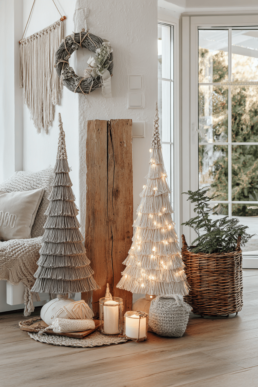 Ein einladender Raum mit handgefertigten Weihnachtsdekorationen aus Holz und Makramee.