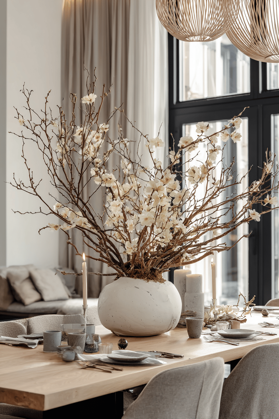 Elegante Tischdekoration mit Ästen und Kerzen auf einem modernen Holztisch.