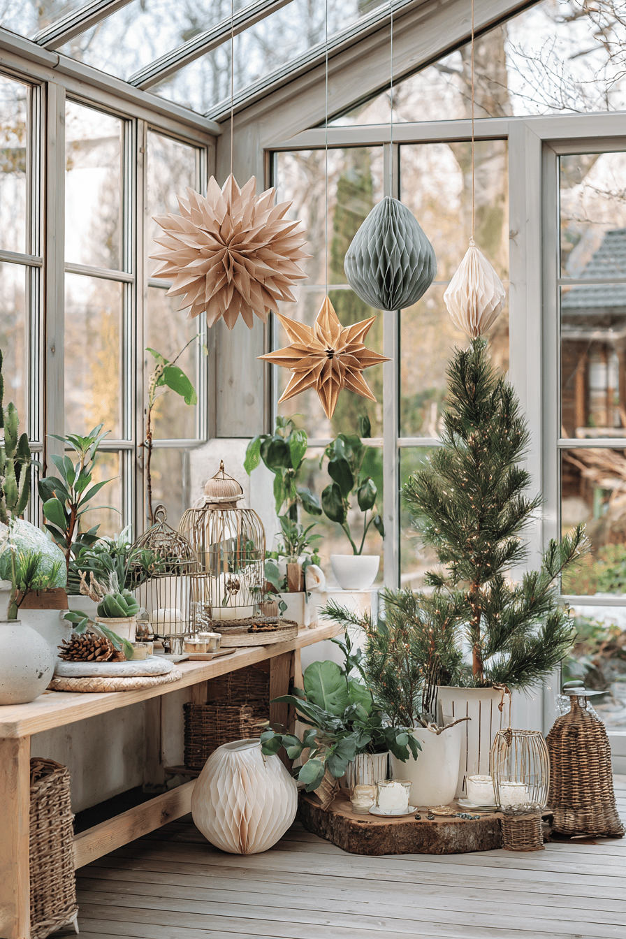 Ein Wintergarten mit eleganten Hängedekorationen und Pflanzen für die Weihnachtszeit.