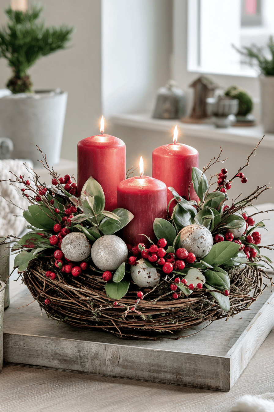 Ein Adventskranz mit roten Kerzen und dekorativen Zweigen und Beeren auf einem Tisch.
