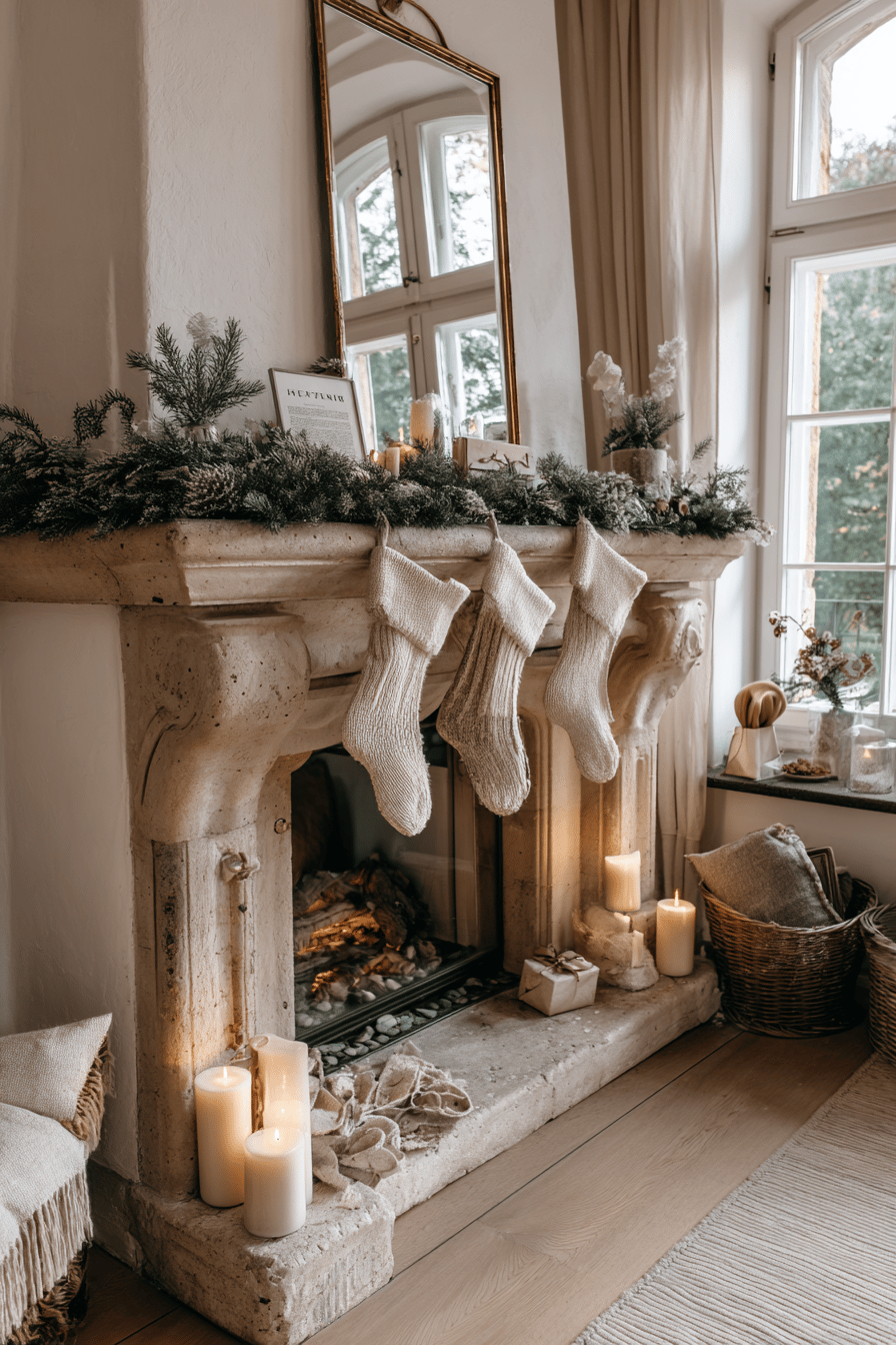 Ein festlich dekorierter Kaminsims mit drei weißen Strümpfen, Kerzen und Tannenzweigen.