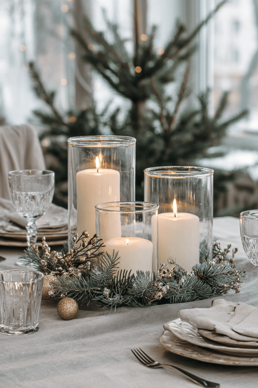 Tisch mit Kerzenarrangement, umgeben von Tannenzweigen, goldenen Kugeln und elegantem Geschirr