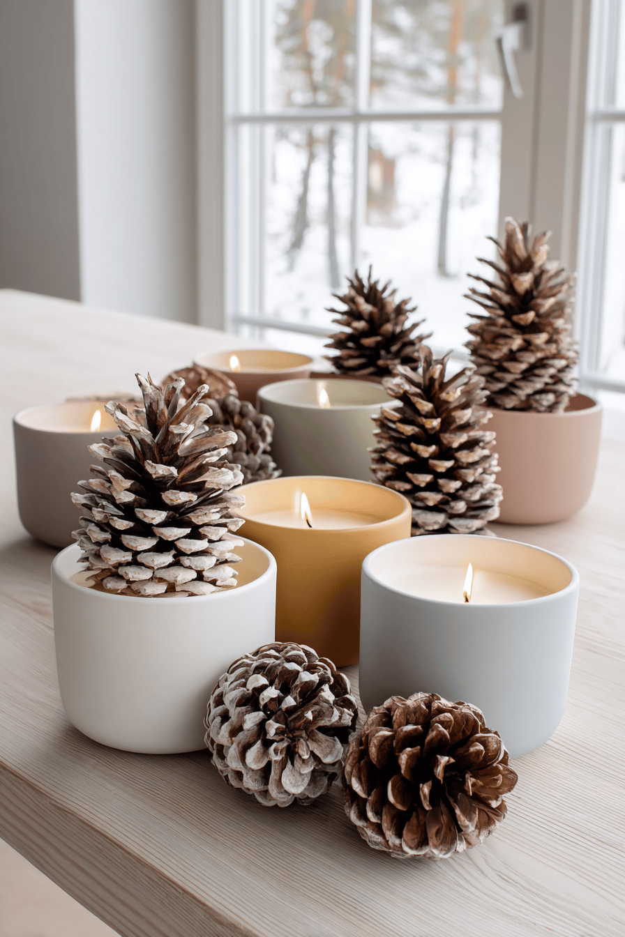 Duftkerzen in dekorativen Töpfen, umgeben von Tannenzapfen, auf einem Tisch vor einem winterlichen Fenster.