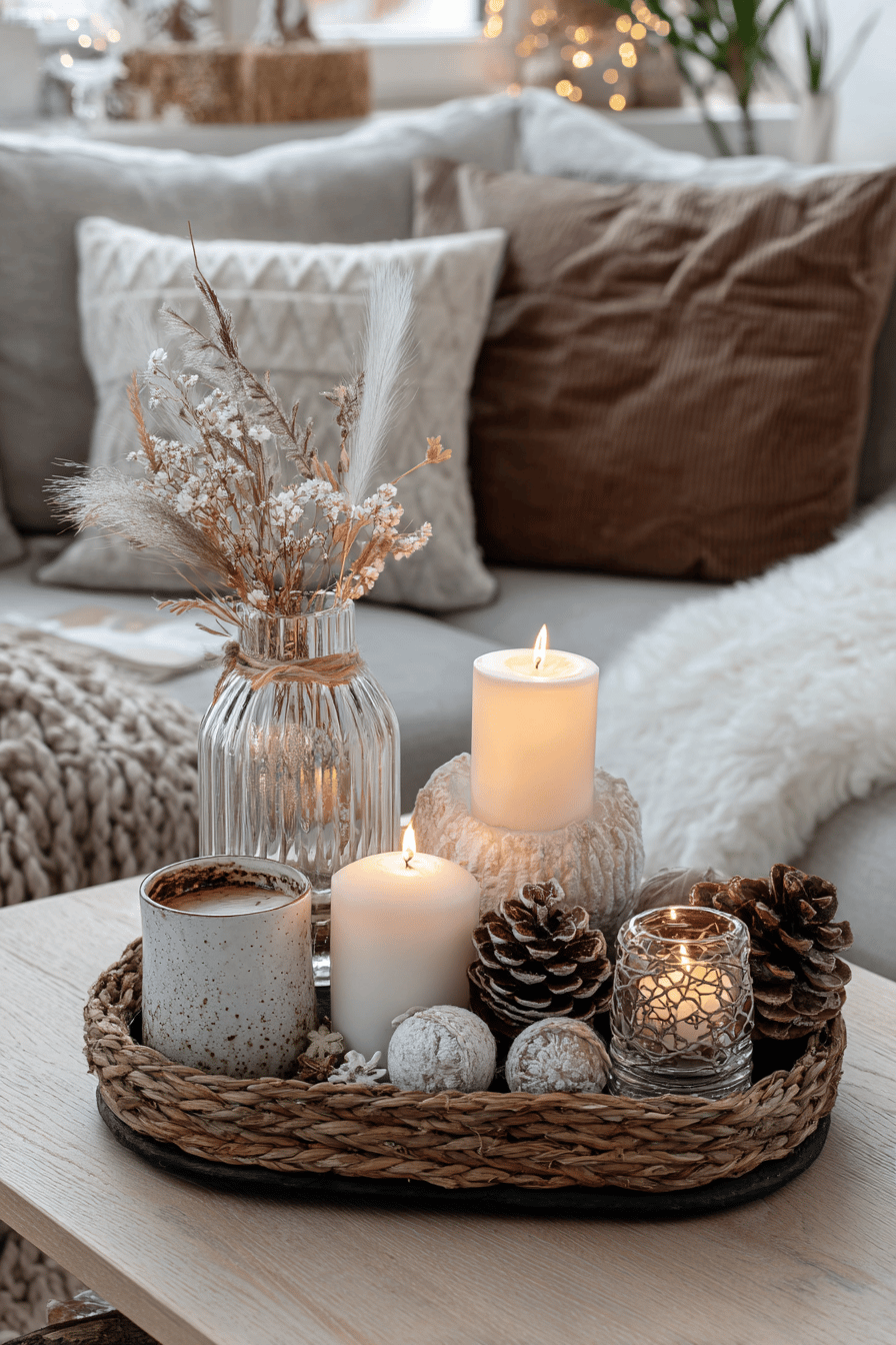 Kerzenarrangement mit weißen Kerzen, Tannenzapfen und Trockenblumen auf einem Tablett.