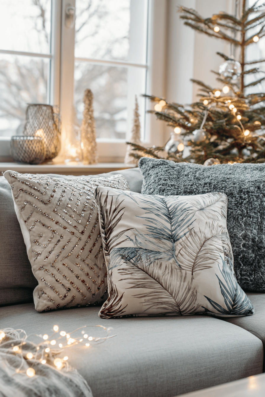 Ein gemütliches Wohnzimmer mit dekorativen Kissen und einem festlich geschmückten Weihnachtsbaum am Fenster.