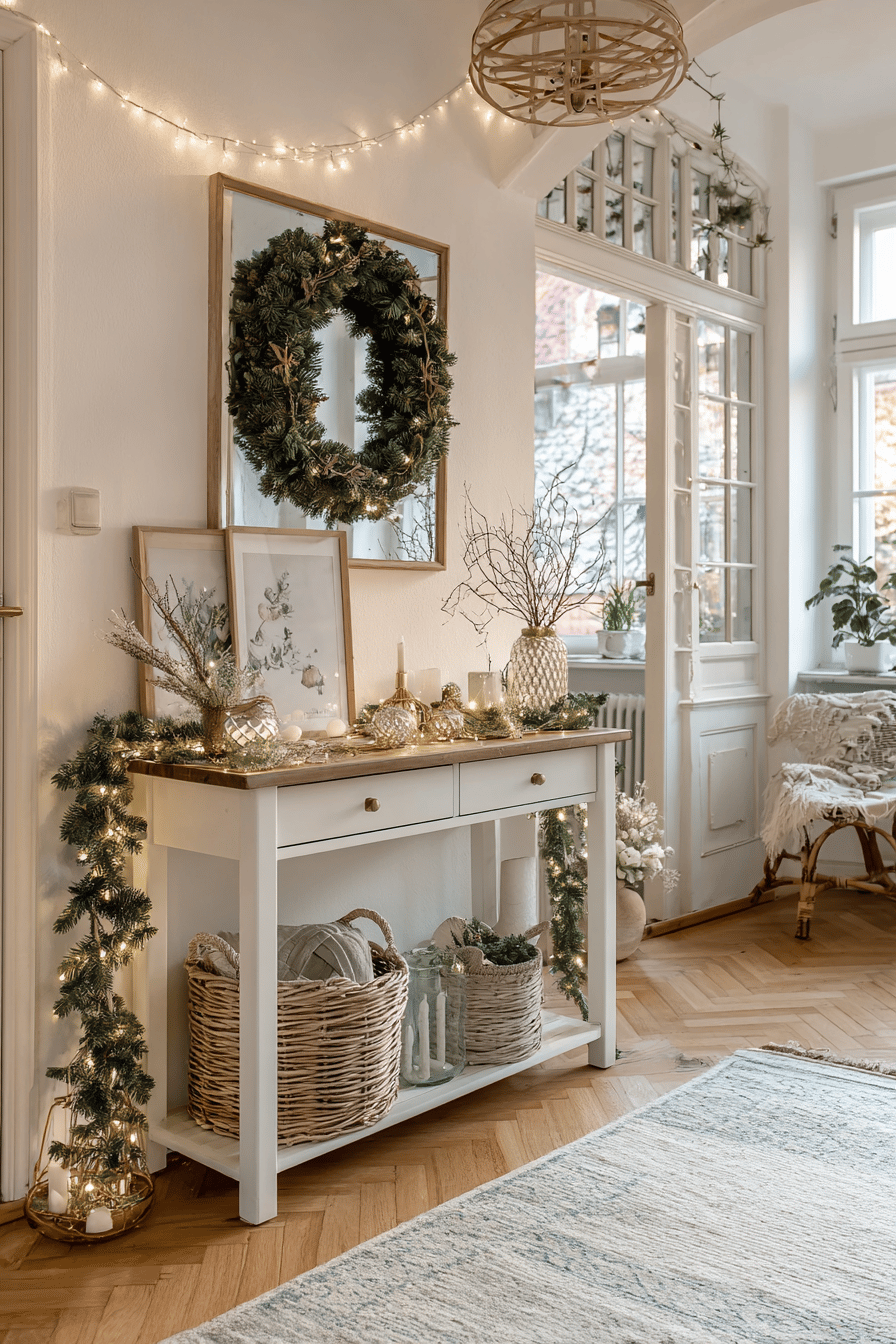 Weihnachtlich dekorierter Konsolentisch mit Lichterketten, Kranz und natürlichem Schmuck.