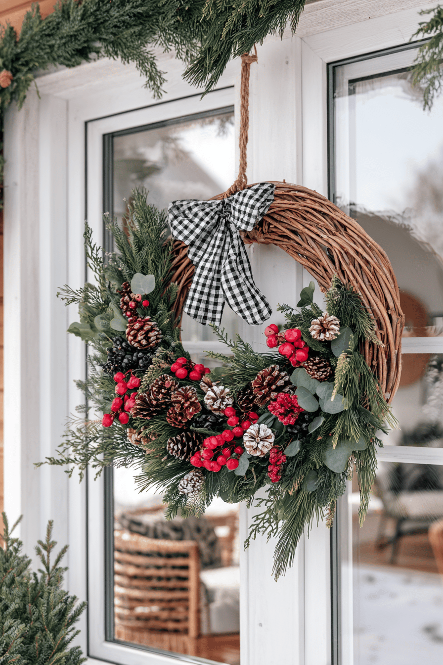 Ein dekorativer Weihnachtskranz mit Tannenzweigen, Zapfen und roten Beeren hängt an einer Haustür.