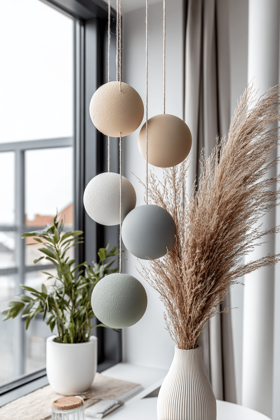 Hängende Kugelornamente in matten Farben vor einem Fenster mit Pflanzen im Hintergrund.