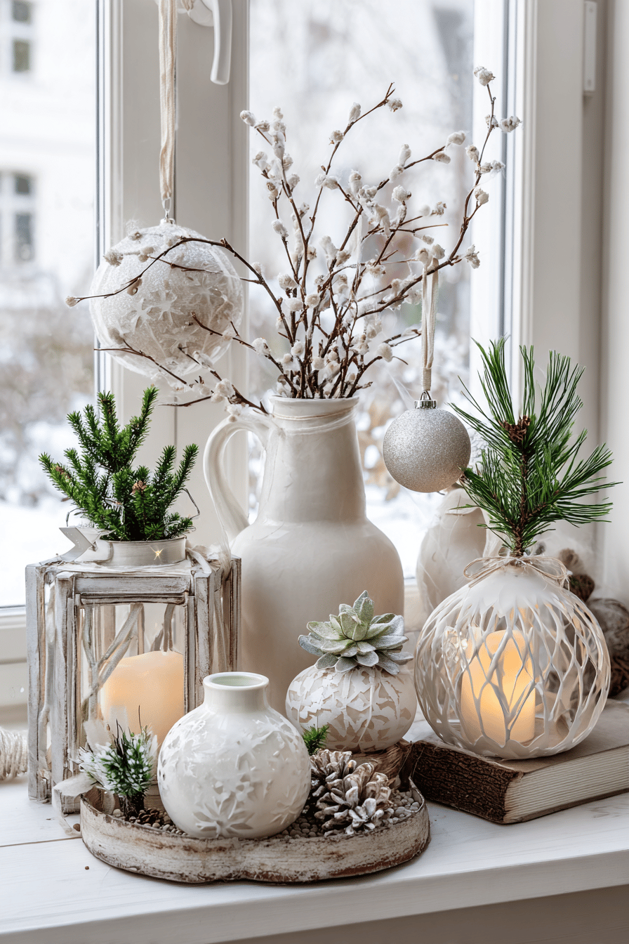 Minimalistische Weihnachtsdekoration in Ton-in-Ton Farben mit Zweigen, Kerzen und Ornamenten auf einem Fensterbrett.